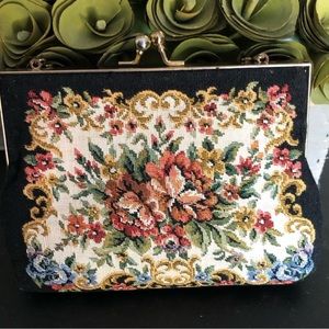 Vintage Black Petit Point Bag ,tapestry handbag.